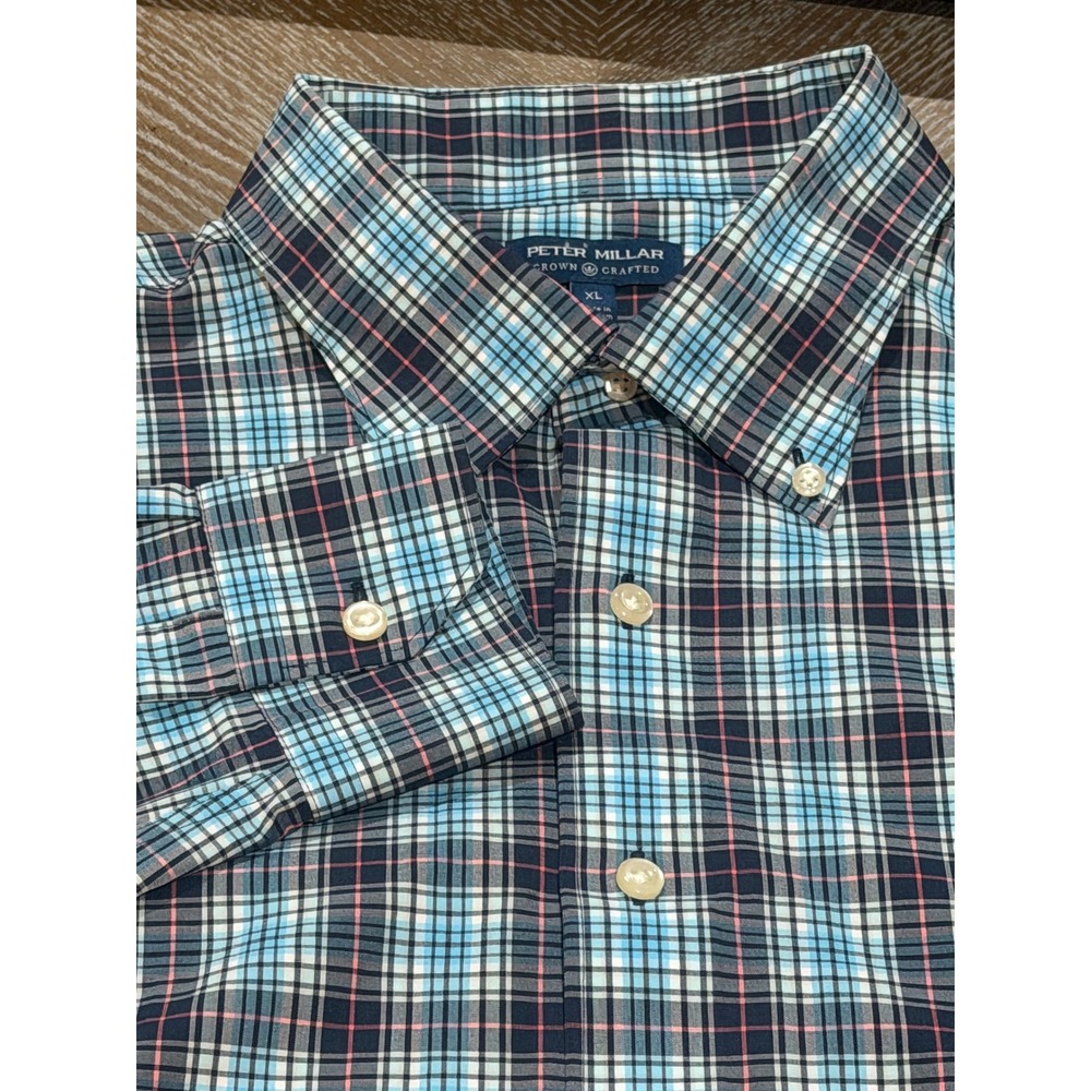 Peter Millar Crown Crafted Mens XL Blue Pink Plaid Button Down Shirt Long Sleeve